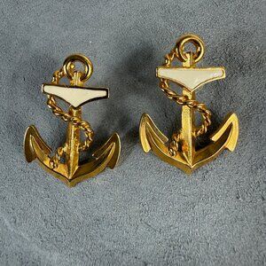Vintage Beige Enamel & Gold Tone Anchor Pierced Earrings 1.5" X 1" Yacht Sailing